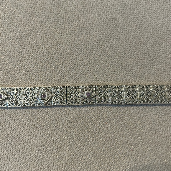 VINTAGE STERLING INTRICATE BRACELET WITH 3 AMETHYST CHIPS AND SMALL DIAMONDS. - Picture 3 of 5